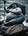 GRID THUMBNAIL — Mermaid queen with flowing hair sits on coastal rocks, holding a spiked staff as waves crash behind, teal scales glistening in moody daylight.