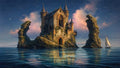 GRID THUMBNAIL — Stone castle with spires atop a rocky islet, flanked by curved sea stacks and circling birds, calm blue water and a small sailboat at golden hour.
