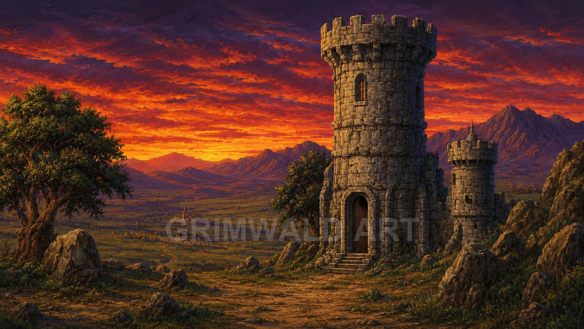 Stone watchtower on a rocky hill overlooks a broad valley and distant town under a blazing orange sunset, with trees and mountains.