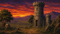 GRID THUMBNAIL — Stone watchtower on a rocky hill overlooks a broad valley and distant town under a blazing orange sunset, with trees and mountains.