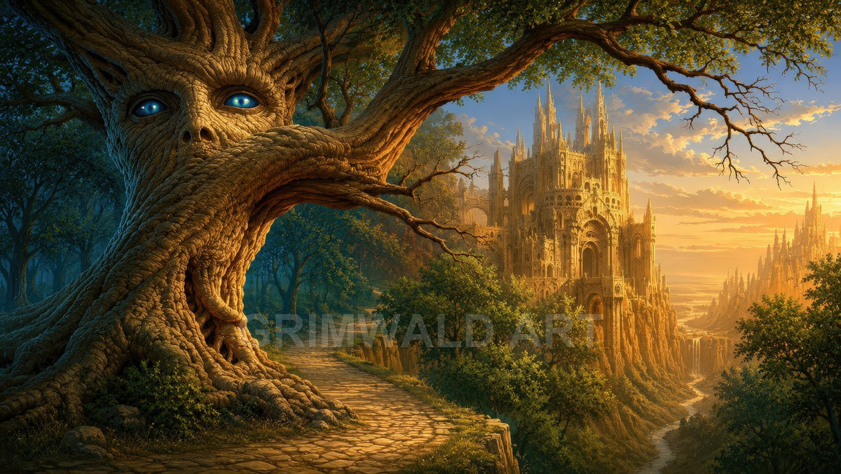 A colossal tree with a humanlike face and blue eyes overlooks a winding forest path leading to a sunlit cliffside castle at sunset.