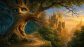 GRID THUMBNAIL — A colossal tree with a humanlike face and blue eyes overlooks a winding forest path leading to a sunlit cliffside castle at sunset.