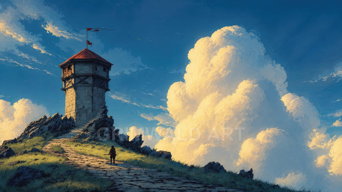 A lone traveller walks a cobbled path toward a hilltop stone watchtower beneath vast golden cumulus clouds, lit by warm evening light.