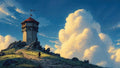 GRID THUMBNAIL — A lone traveller walks a cobbled path toward a hilltop stone watchtower beneath vast golden cumulus clouds, lit by warm evening light.