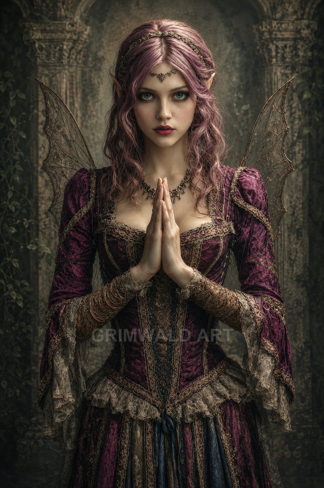 Fairy woman with pink-violet hair and delicate filigree wings, hands clasped, wearing an ornate purple lace gown inside a vine-draped stone ruin.