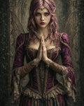 GRID THUMBNAIL — Fairy woman with pink-violet hair and delicate filigree wings, hands clasped, wearing an ornate purple lace gown inside a vine-draped stone ruin.