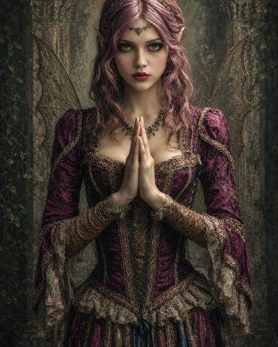 GRID THUMBNAIL — Fairy woman with pink-violet hair and delicate filigree wings, hands clasped, wearing an ornate purple lace gown inside a vine-draped stone ruin.