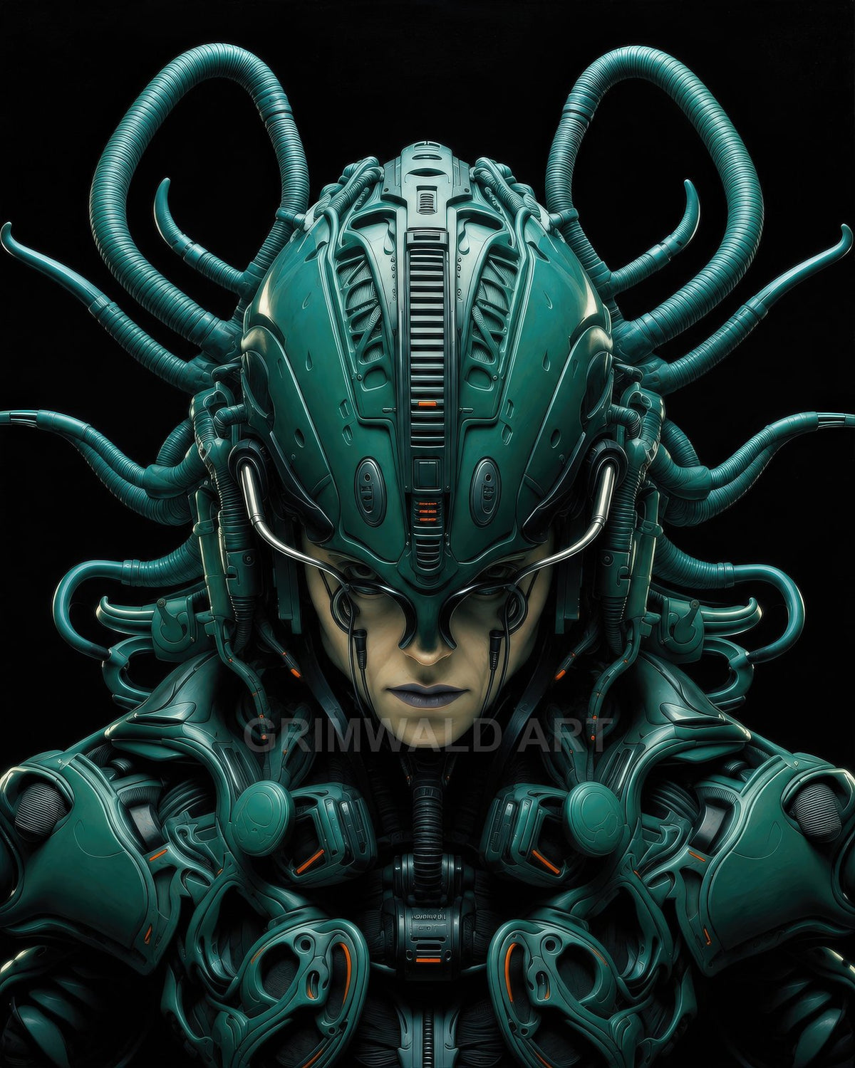 Androgynous human in teal biomechanical armour and helmet, surrounded by coiling cables, stares forward against a black background, sci-fi portrait.