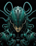 GRID THUMBNAIL — Androgynous human in teal biomechanical armour and helmet, surrounded by coiling cables, stares forward against a black background, sci-fi portrait.