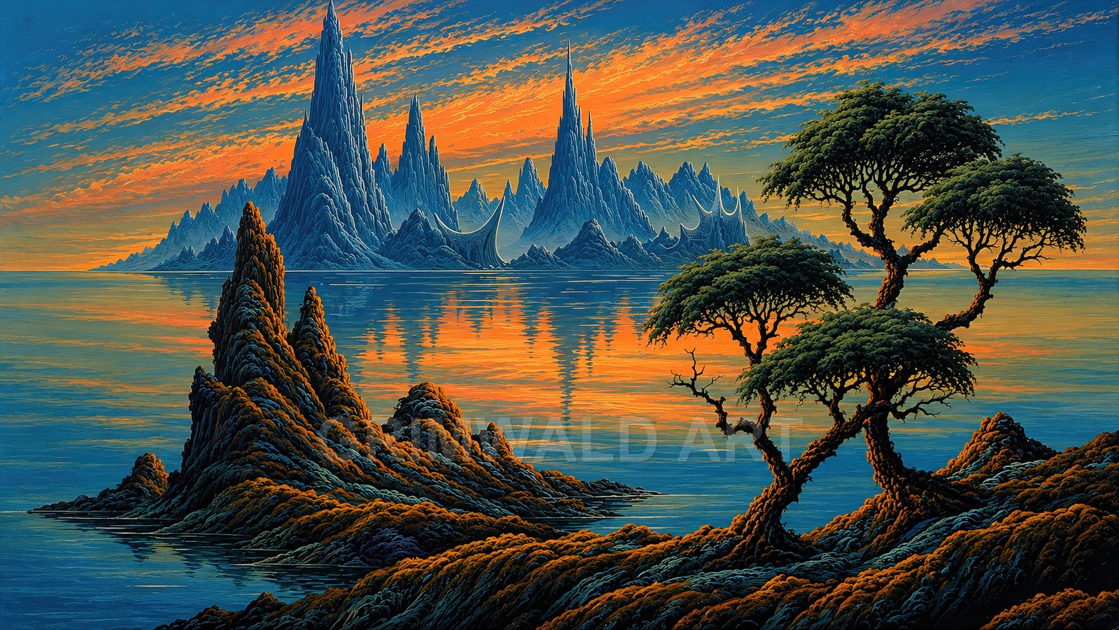 Retro fantasy landscape with jagged blue spires across a still lake at sunset, windswept trees on rocky foreground, and vivid orange reflections in water.