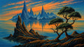 GRID THUMBNAIL — Retro fantasy landscape with jagged blue spires across a still lake at sunset, windswept trees on rocky foreground, and vivid orange reflections in water.