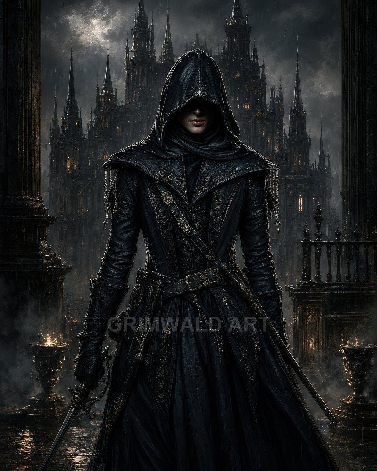Hooded figure in dark, ornate leather coat holds a sword before towering gothic city at night, rain falling and braziers burning.