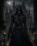 GRID THUMBNAIL — Hooded figure in dark, ornate leather coat holds a sword before towering gothic city at night, rain falling and braziers burning.