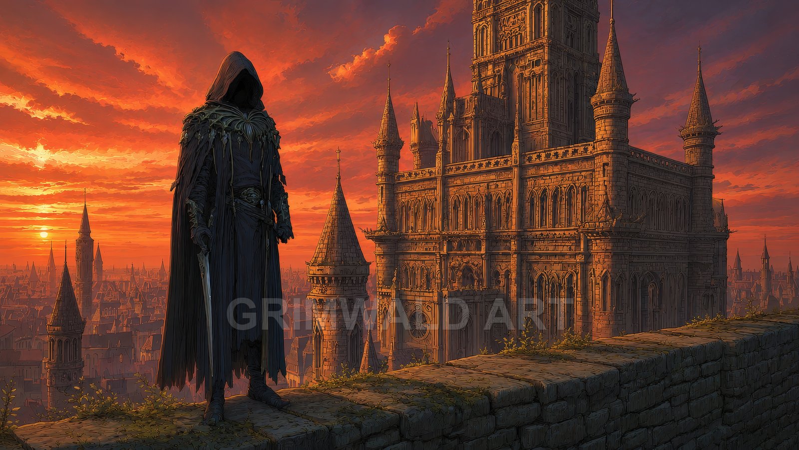 Hooded figure with a sheathed sword stands on stone ramparts beside a vast gothic cathedral, overlooking a medieval city at fiery sunset.