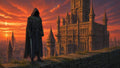 GRID THUMBNAIL — Hooded figure with a sheathed sword stands on stone ramparts beside a vast gothic cathedral, overlooking a medieval city at fiery sunset.