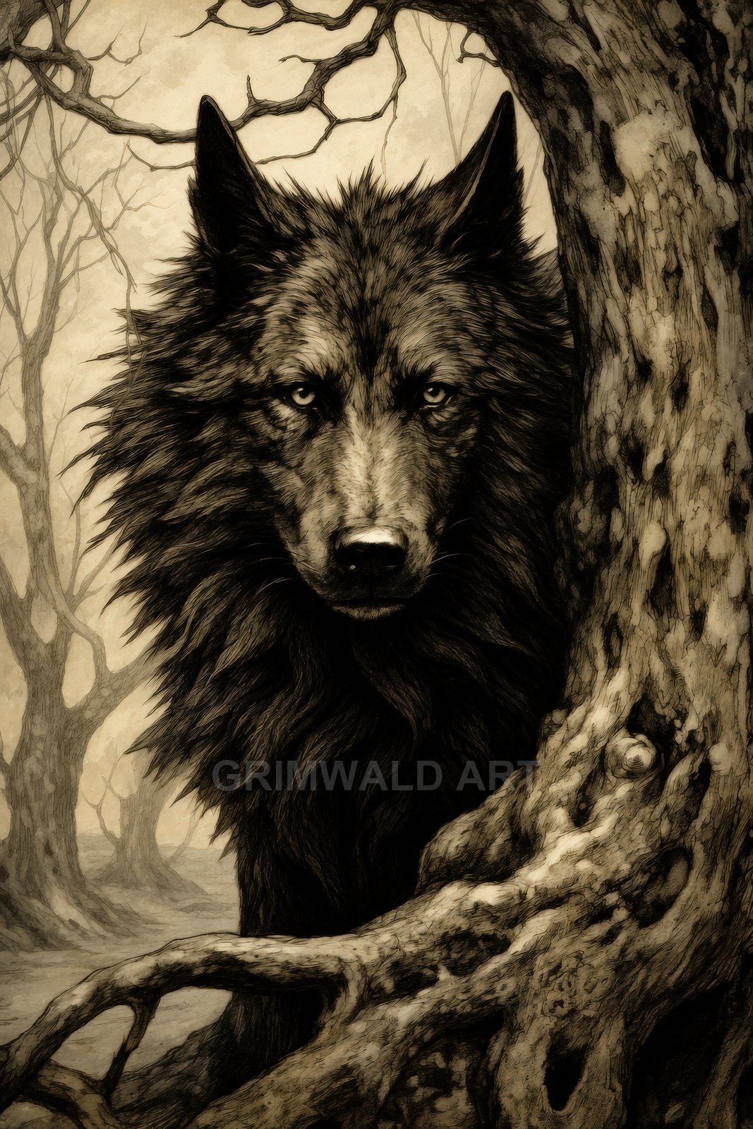 Sepia fantasy illustration of a large wolf peering from behind a gnarled tree in a barren, twisted forest, staring forward with piercing eyes.