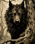 GRID THUMBNAIL — Sepia fantasy illustration of a large wolf peering from behind a gnarled tree in a barren, twisted forest, staring forward with piercing eyes.