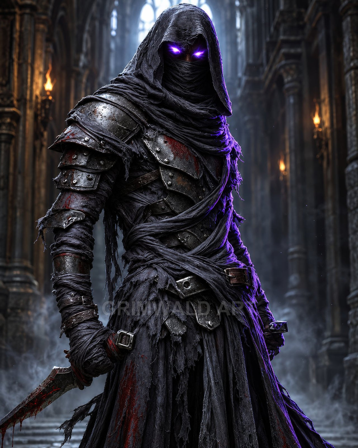 Hooded armoured figure with glowing violet eyes holds a bloodied dagger inside a gothic cathedral, wrapped in tattered dark cloth and leather.