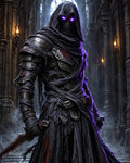 GRID THUMBNAIL — Hooded armoured figure with glowing violet eyes holds a bloodied dagger inside a gothic cathedral, wrapped in tattered dark cloth and leather.
