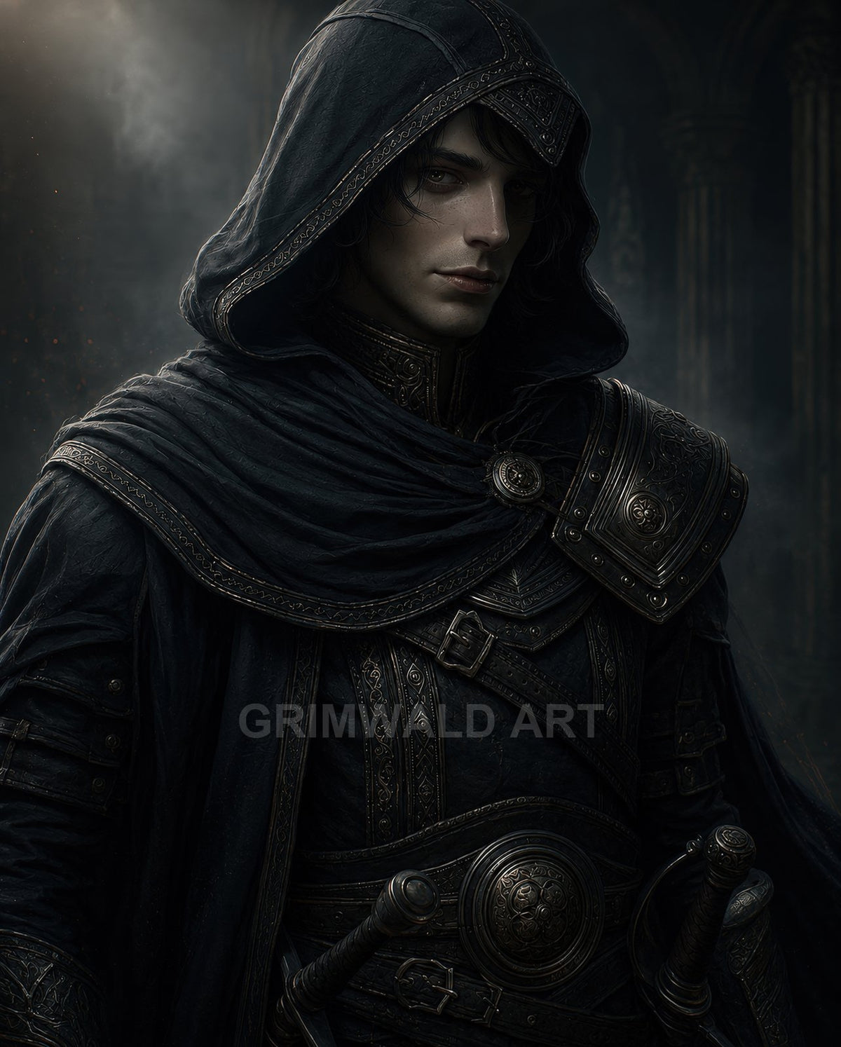 A hooded male rogue in dark, ornate leather armour stands in a shadowy stone interior, hand near sword hilt, moody atmospheric lighting.