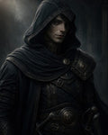 GRID THUMBNAIL — A hooded male rogue in dark, ornate leather armour stands in a shadowy stone interior, hand near sword hilt, moody atmospheric lighting.
