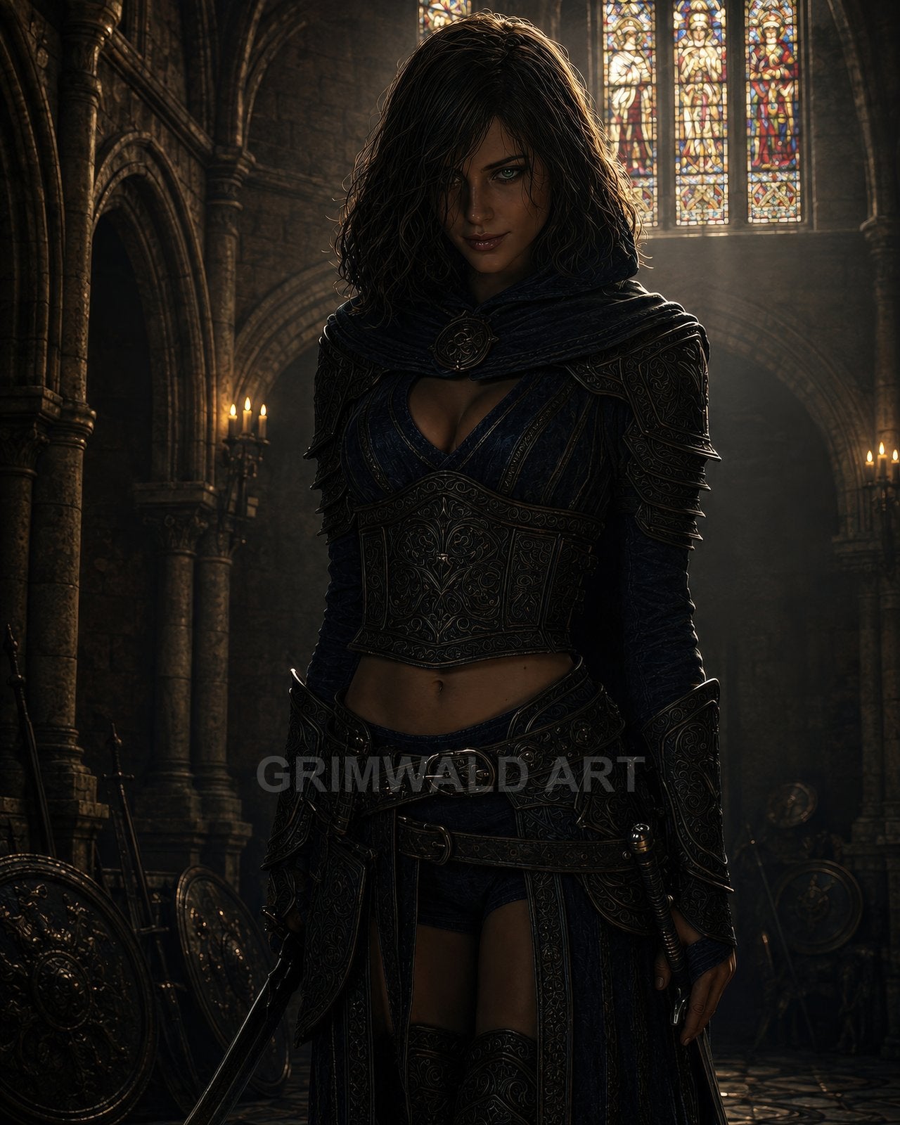 A dark-haired woman in ornate blue armour stands in a candlelit cathedral, gripping a sword, with stained-glass saints glowing behind arched stone.