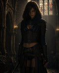 GRID THUMBNAIL — A dark-haired woman in ornate blue armour stands in a candlelit cathedral, gripping a sword, with stained-glass saints glowing behind arched stone.