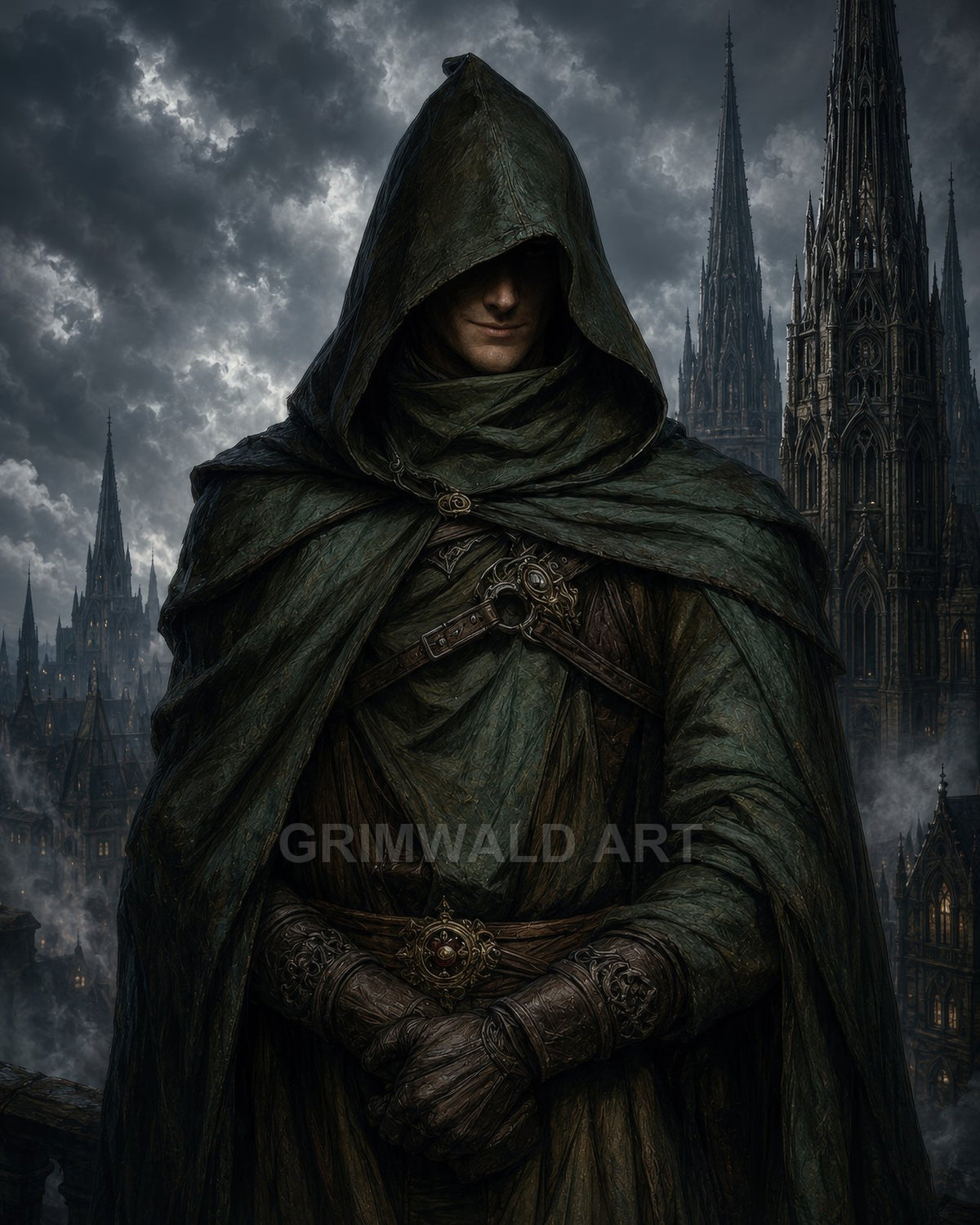 Hooded figure in green cloak stands before towering gothic cathedral spires under stormy skies, gloved hands folded, ornate belt and clasps visible.