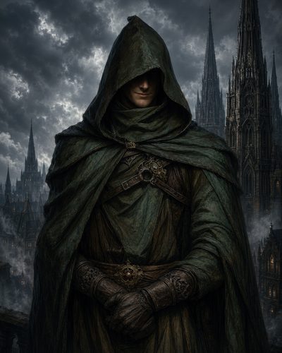 GRID THUMBNAIL — Hooded figure in green cloak stands before towering gothic cathedral spires under stormy skies, gloved hands folded, ornate belt and clasps visible.