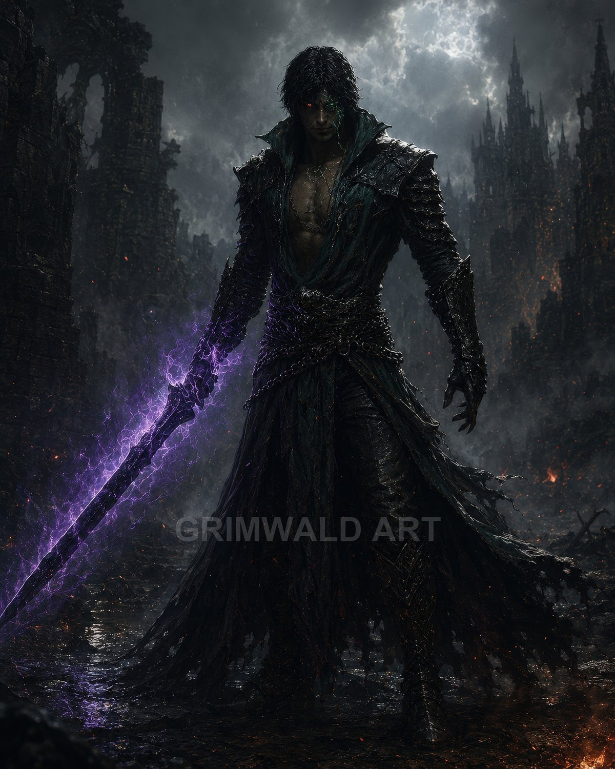 Dark-armoured male warrior stands in moonlit gothic ruins, gripping a long sword crackling with purple energy as storm clouds churn above.
