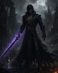 GRID THUMBNAIL — Dark-armoured male warrior stands in moonlit gothic ruins, gripping a long sword crackling with purple energy as storm clouds churn above.