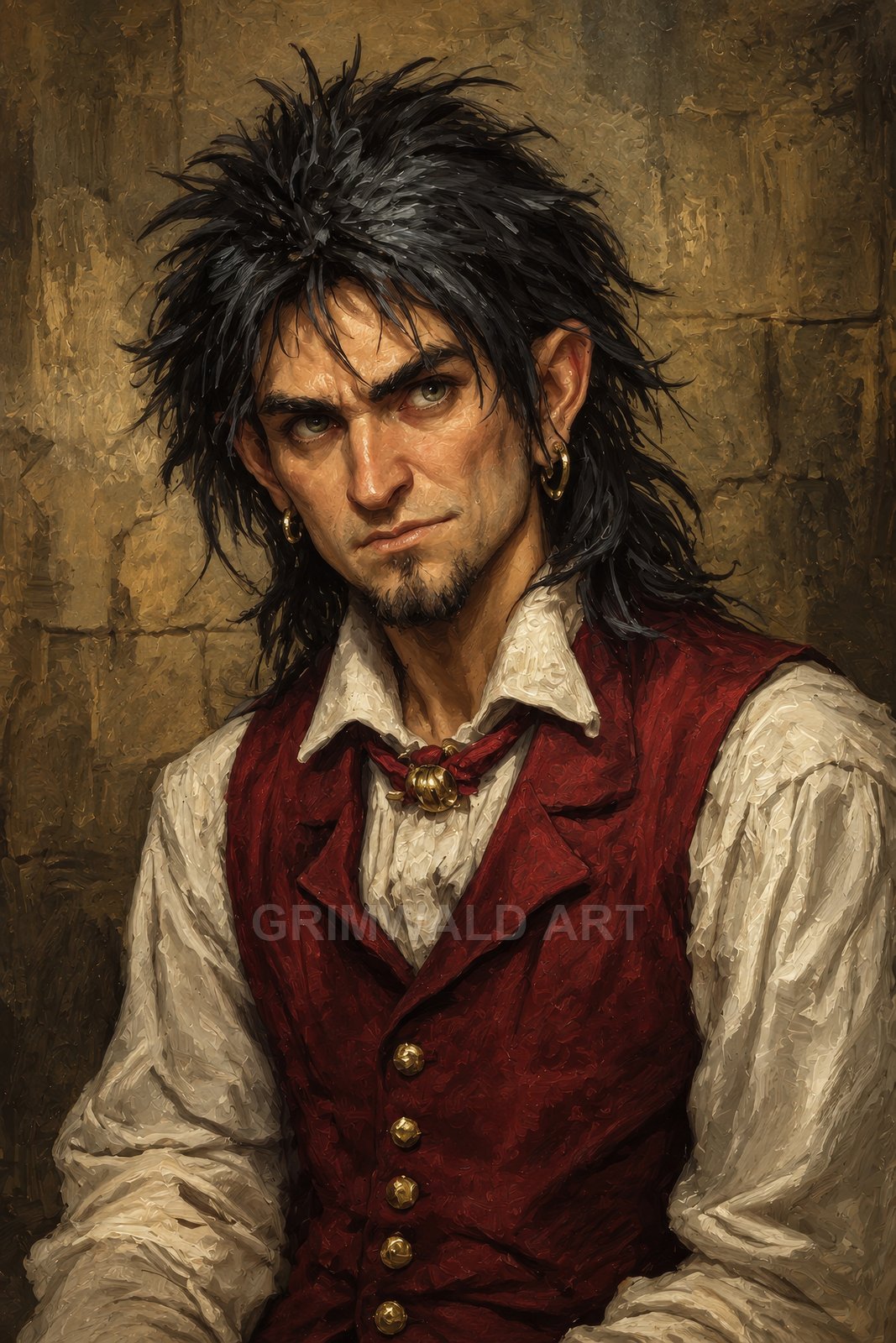 Textured fantasy portrait of a dark-haired man in a red waistcoat and white shirt, gold earrings, against a rough stone wall.