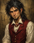 GRID THUMBNAIL — Textured fantasy portrait of a dark-haired man in a red waistcoat and white shirt, gold earrings, against a rough stone wall.
