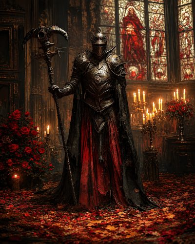 GRID THUMBNAIL — Armoured dark knight with ornate helm and polearm stands amid red rose petals in a candlelit gothic cathedral before stained-glass windows.