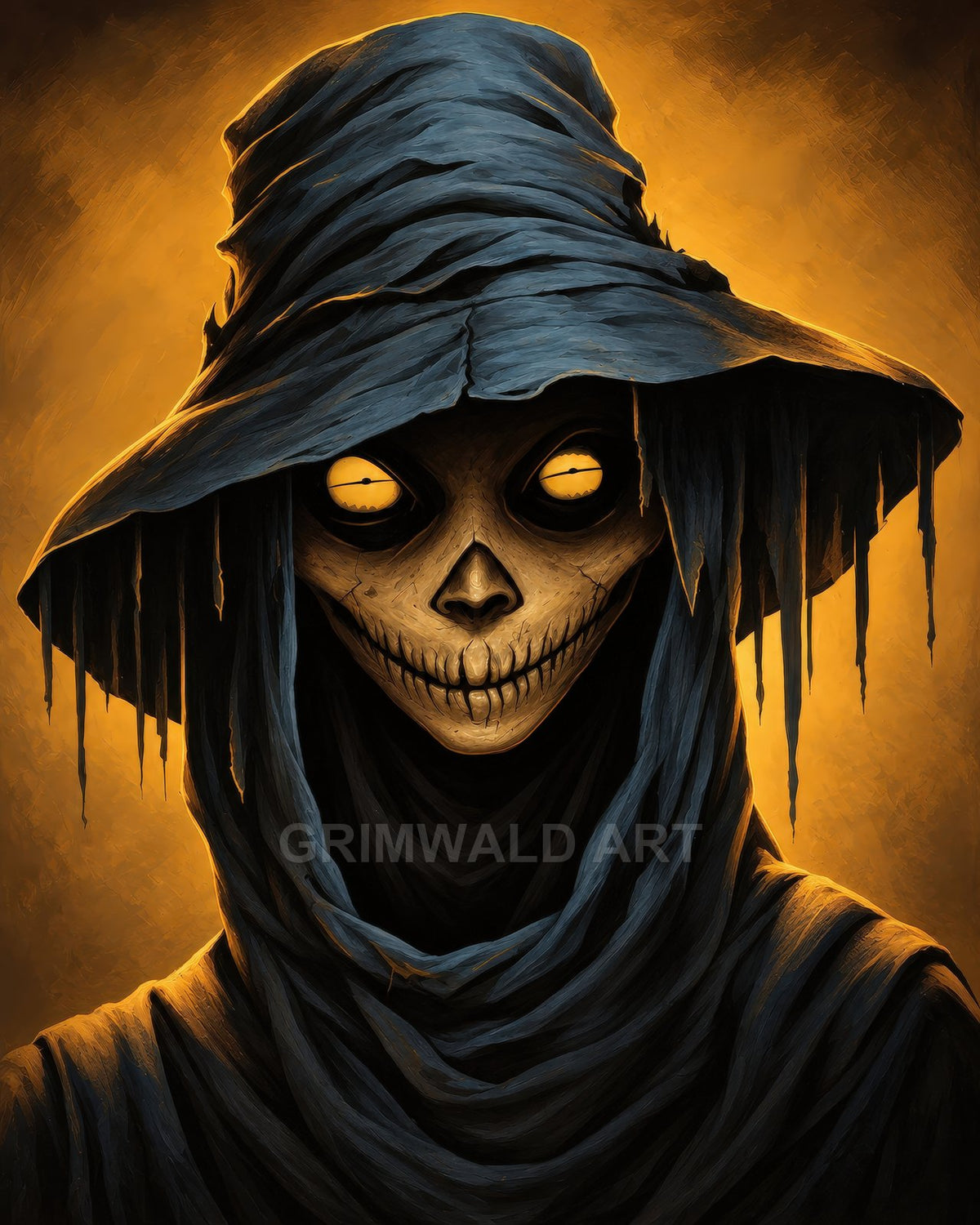 A hooded undead figure with a skeletal face and stitched grin, glowing amber eyes, and tattered dark robes against a warm orange backdrop.