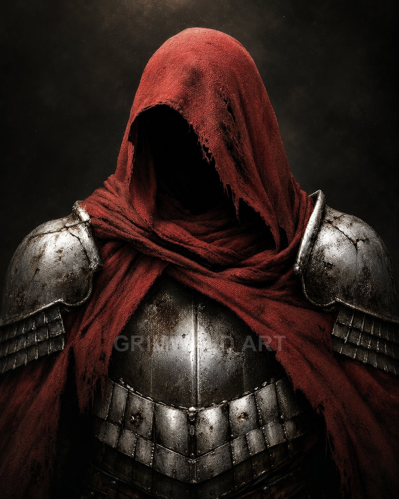Armoured knight with tattered red hooded cloak, face concealed in shadow, worn steel plate and pauldrons against a dark, moody backdrop.