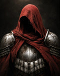 GRID THUMBNAIL — Armoured knight with tattered red hooded cloak, face concealed in shadow, worn steel plate and pauldrons against a dark, moody backdrop.
