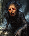 GRID THUMBNAIL — Gaunt undead creature with glowing red eyes crawls along wet cobblestones, draped in tattered black shrouds, amid mist beside a crumbling stone wall.