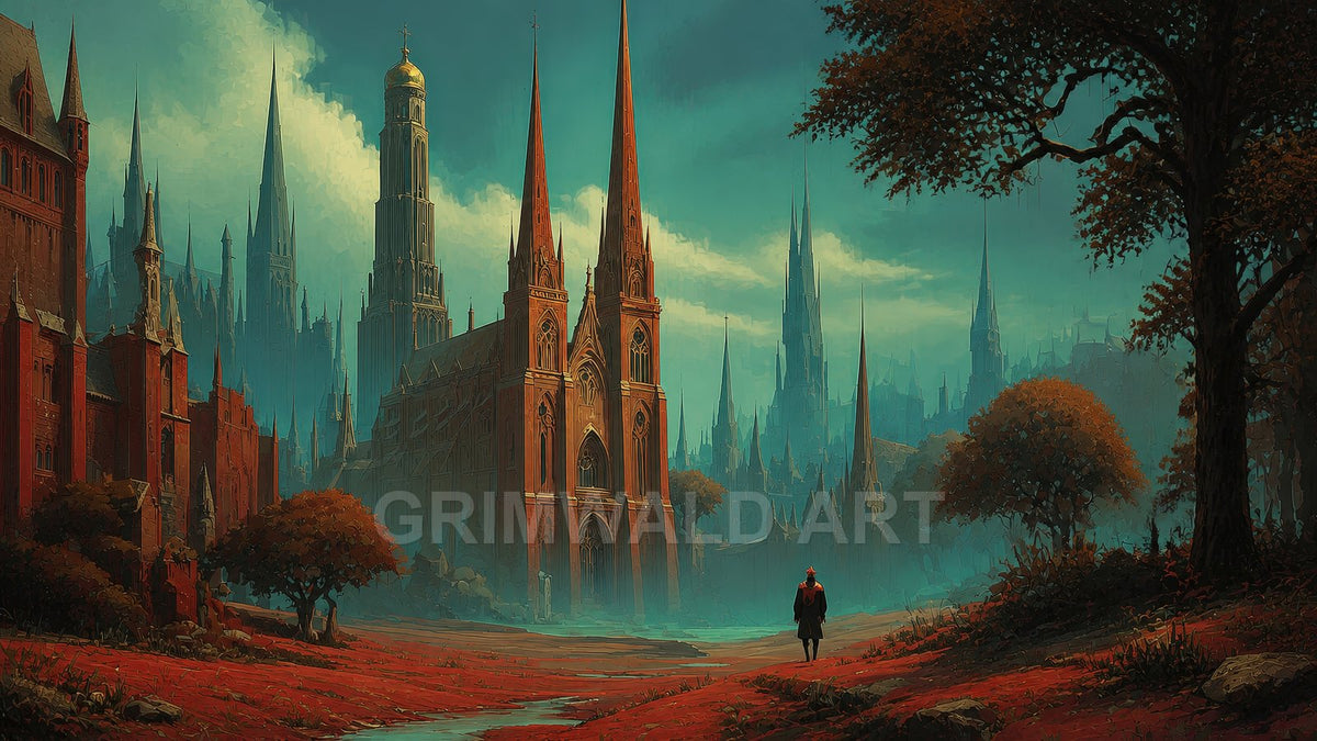 A gothic city of spires surrounds a towering red cathedral under a teal twilight sky, mist pooling in streets as a lone traveller approaches.