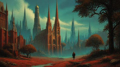 GRID THUMBNAIL — A gothic city of spires surrounds a towering red cathedral under a teal twilight sky, mist pooling in streets as a lone traveller approaches.