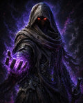 GRID THUMBNAIL — Hooded demon sorcerer with glowing red eyes casts purple magic, clutching a staff, in tattered robes and dark armour against shadow.