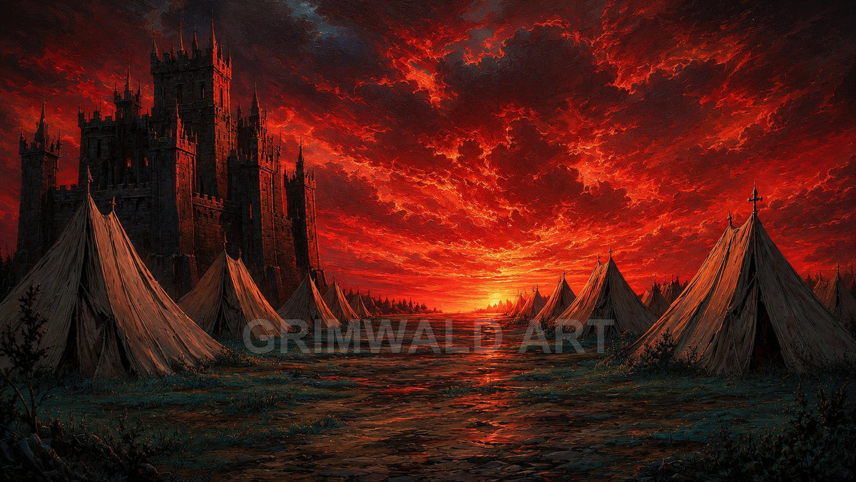 A dark castle overlooks rows of canvas tents flanking a muddy track beneath a blazing red sunset sky filled with dramatic clouds.