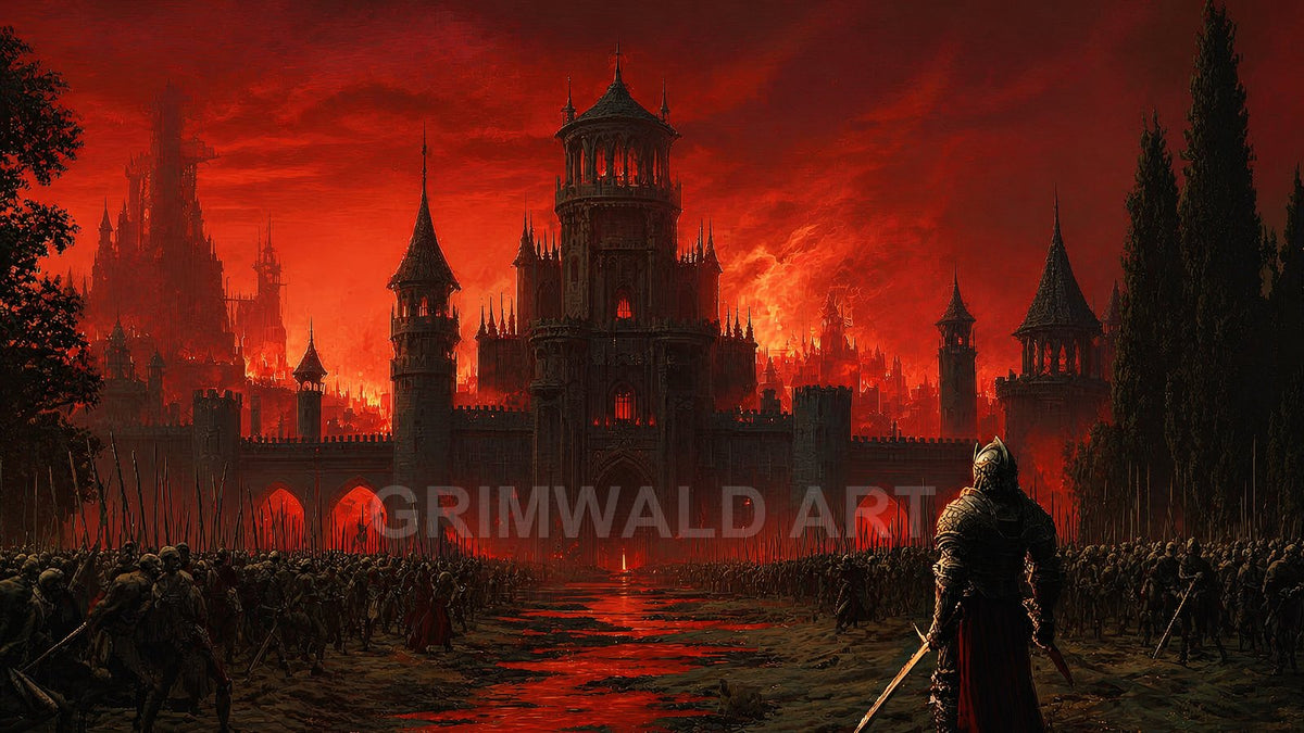 A dark gothic castle ablaze under a red sky, armies mass before its gate, a lone armoured figure watches beside a bloodlike river.
