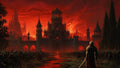 GRID THUMBNAIL — A dark gothic castle ablaze under a red sky, armies mass before its gate, a lone armoured figure watches beside a bloodlike river.