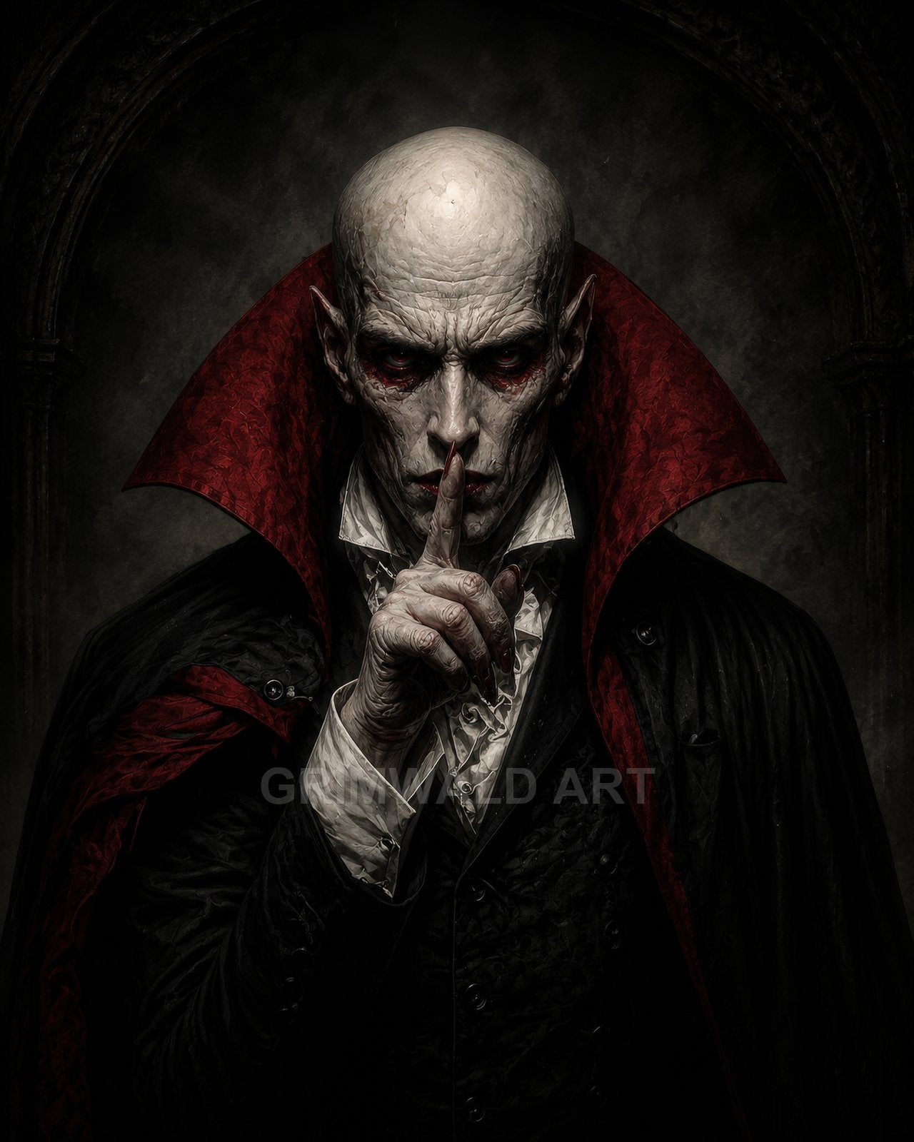 Bald, pale vampire in ornate black suit and red-lined cloak, finger to lips for silence, crimson eyes, gothic arch interior, dramatic night lighting.