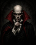GRID THUMBNAIL — Bald, pale vampire in ornate black suit and red-lined cloak, finger to lips for silence, crimson eyes, gothic arch interior, dramatic night lighting.