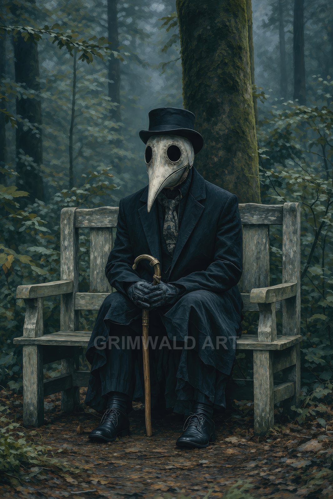 A beaked plague doctor in dark clothing and top hat sits on a weathered wooden bench in a misty forest, gripping a cane.