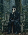 GRID THUMBNAIL — A beaked plague doctor in dark clothing and top hat sits on a weathered wooden bench in a misty forest, gripping a cane.