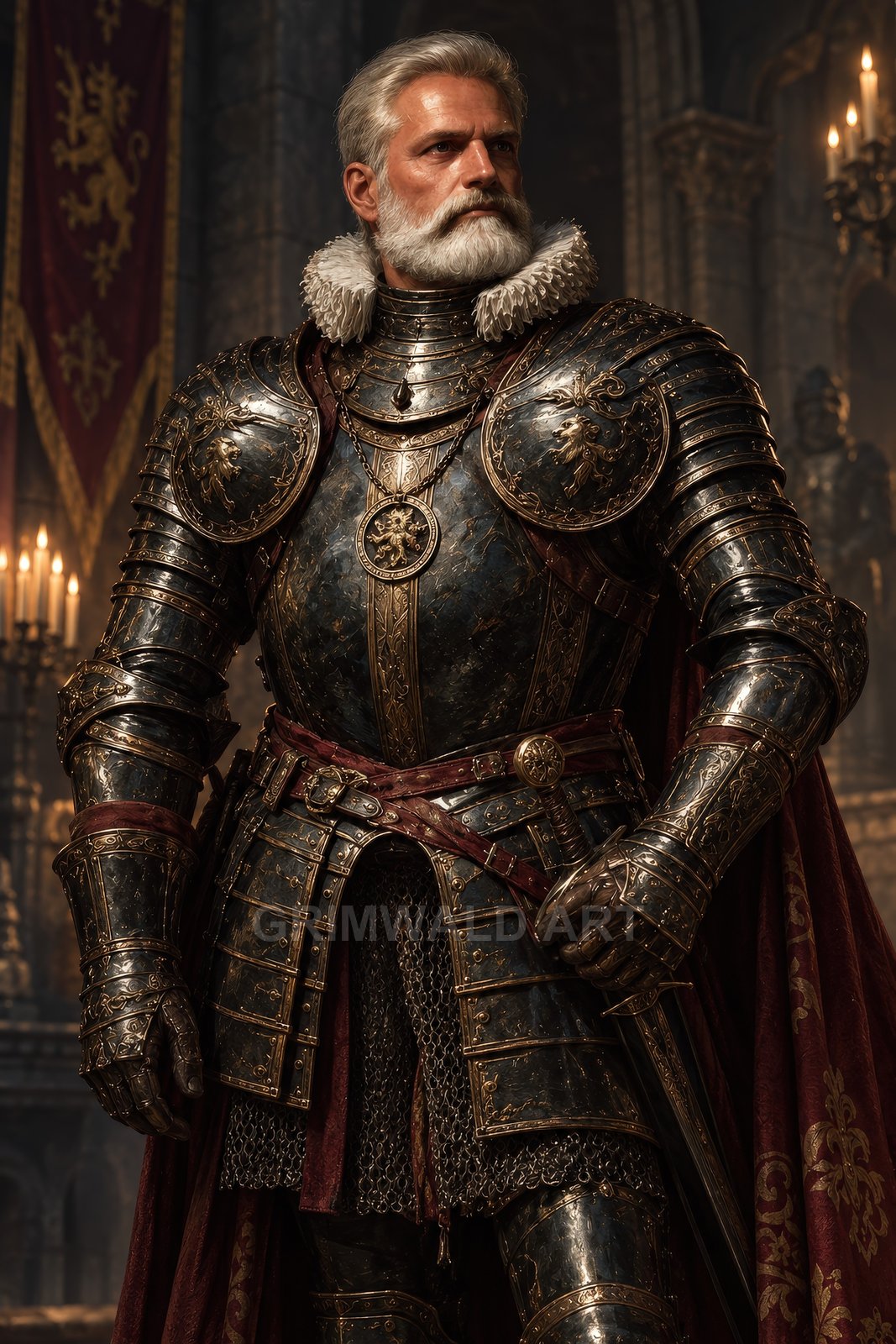 Armoured, silver-bearded knight stands in a candlelit castle hall, wearing gilded plate with lion emblems, red cloak, and holding a sheathed sword.