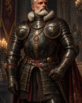GRID THUMBNAIL — Armoured, silver-bearded knight stands in a candlelit castle hall, wearing gilded plate with lion emblems, red cloak, and holding a sheathed sword.